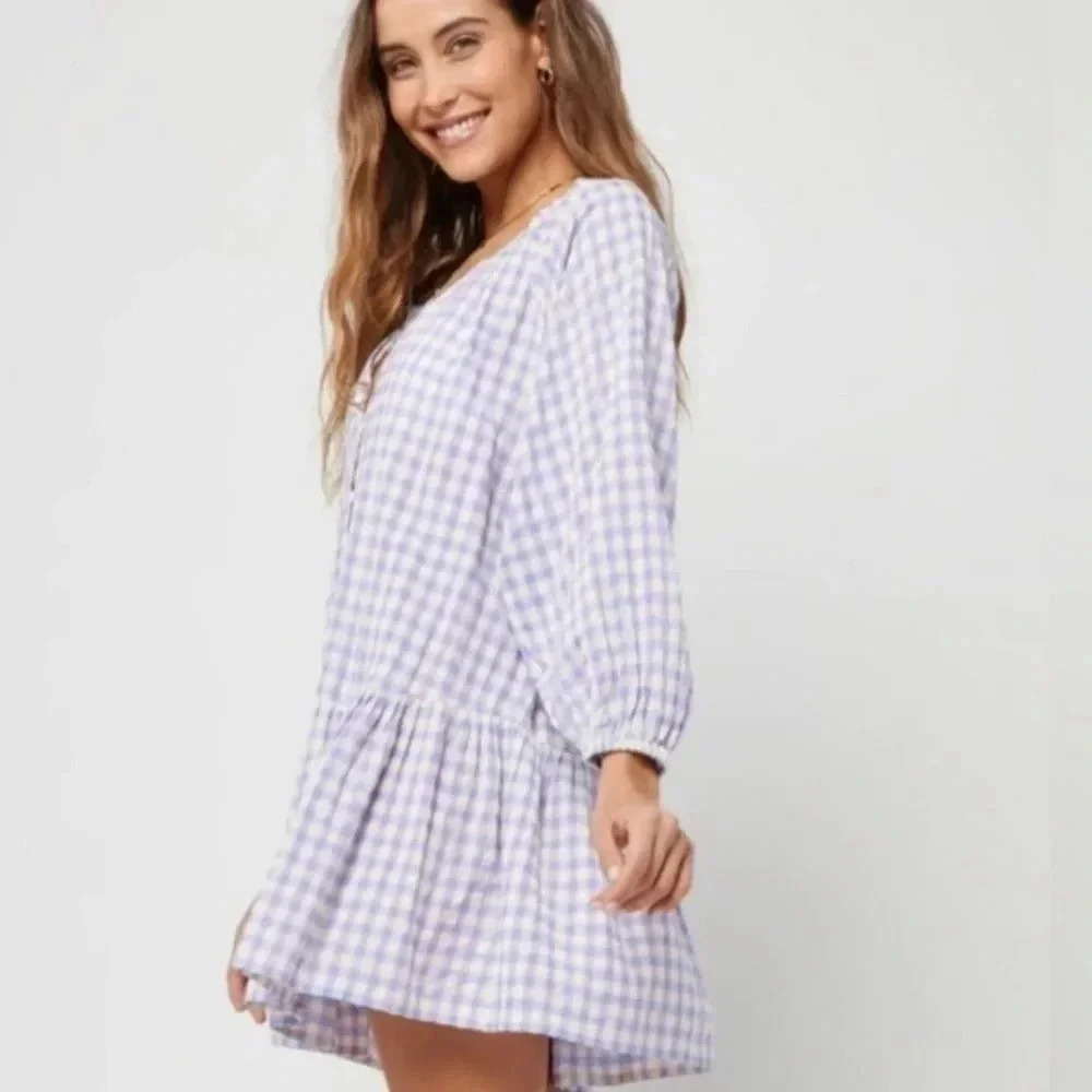 L* Space Vida Gingham Dress or Cover Up Med Purple & White Checkered - Picture 2 of 6